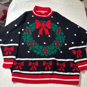Vintage Knitwaves Ugly Christmas Sweater Wreath Bows Black Red Women's Size L